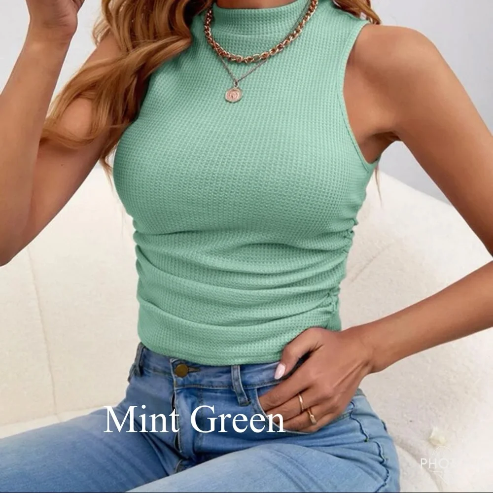 Casual Mock Neck Waffle Ruched sides Knit Tank Top - Picture 9 of 15